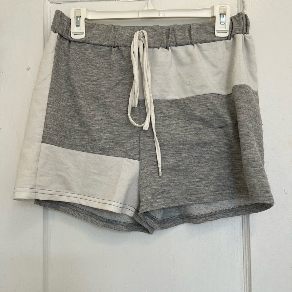 Gray and white shorts with elastic waist band